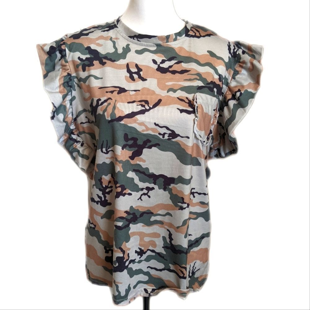 5/$55 Ladies camouflage flutter sleeve casual tee t-shirt, crew neck, size XL